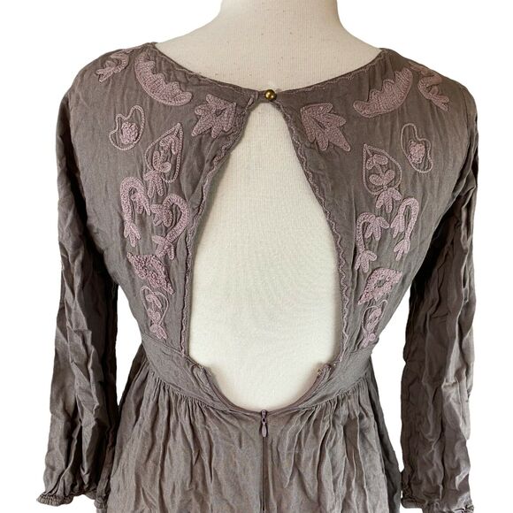 RAGA Anthropologie Midi Dress Medium Women's Taupe Willa Embroidered Open (10) - Picture 7 of 10